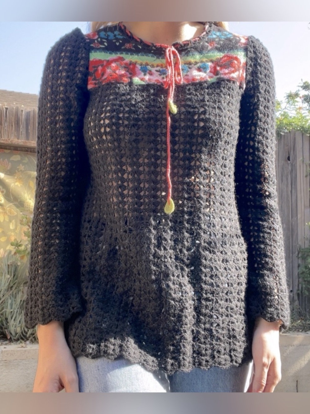 Free People Black with Multicolor Floral Accent Open Knit Sweater - Size M